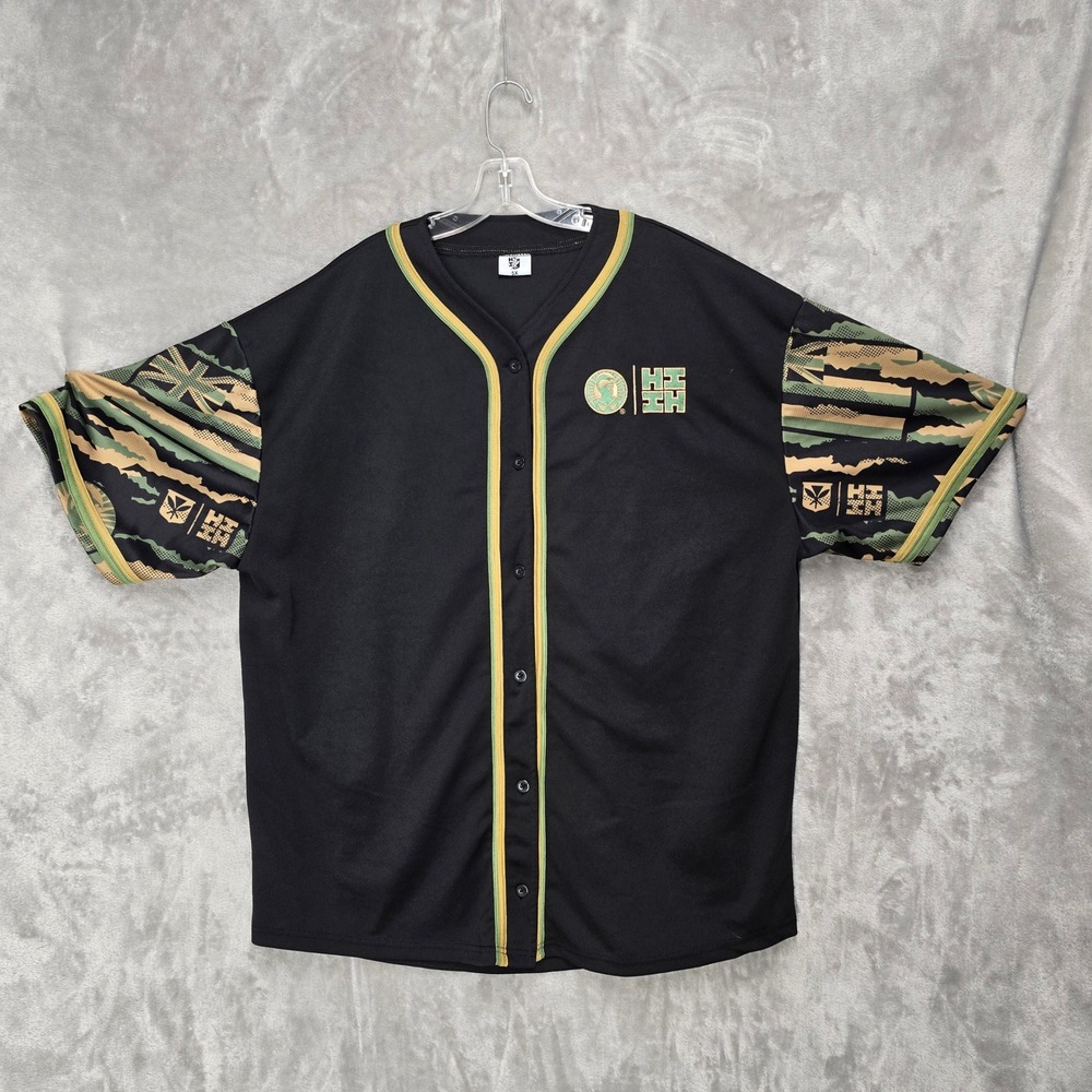 Hawaii's Finest Jersey Mens 5XL Black Green Camo Tribal Button Shirt Embroidered